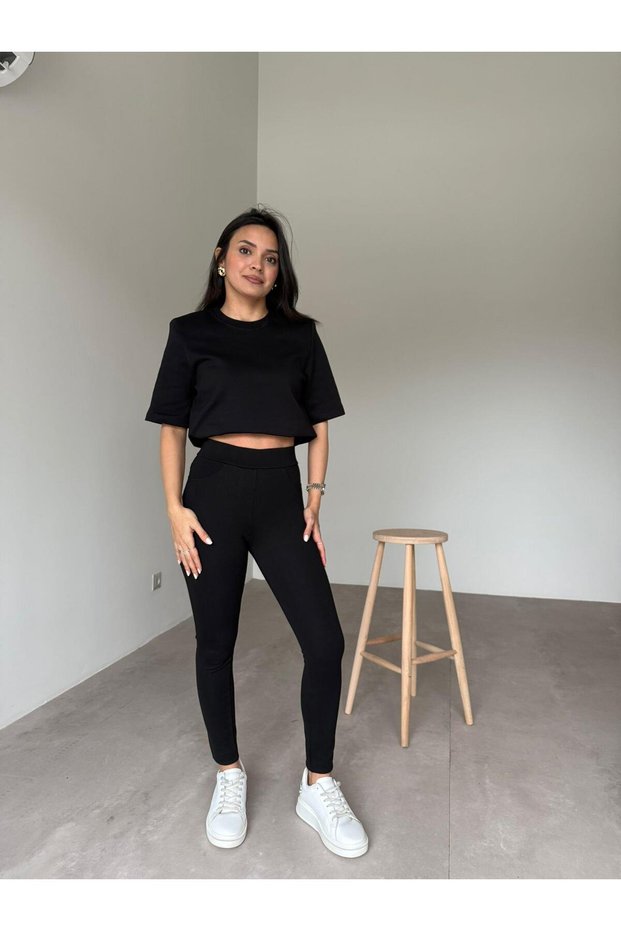 Black Gathering Pocket Detailed Trousers Leggings