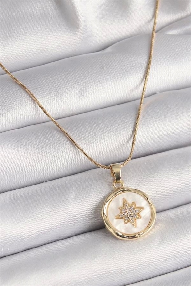 316L Steel Gold Color Chain White Pearlescent Zircon Stone Star Engraving Model Women's Necklace
