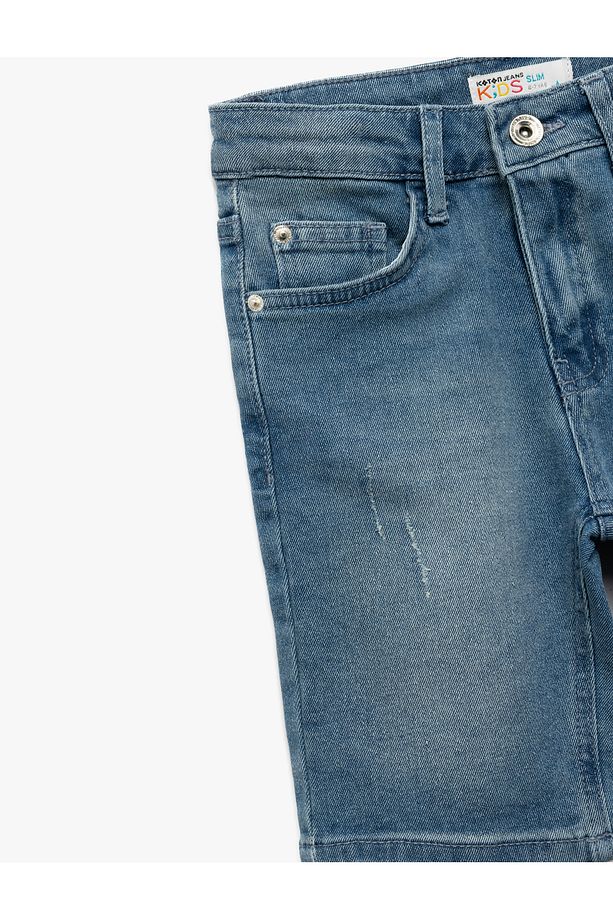 Pamuklu Beli Ayarlanabilir Lastikli Cep Detaylı Denim Şort - 3