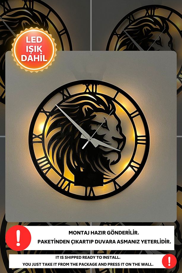 Led Işıklı Aslan Duvar Saati Sessiz Dekoratif Modern Siyah Ahşap Duvar Saati 40x40cm - 1