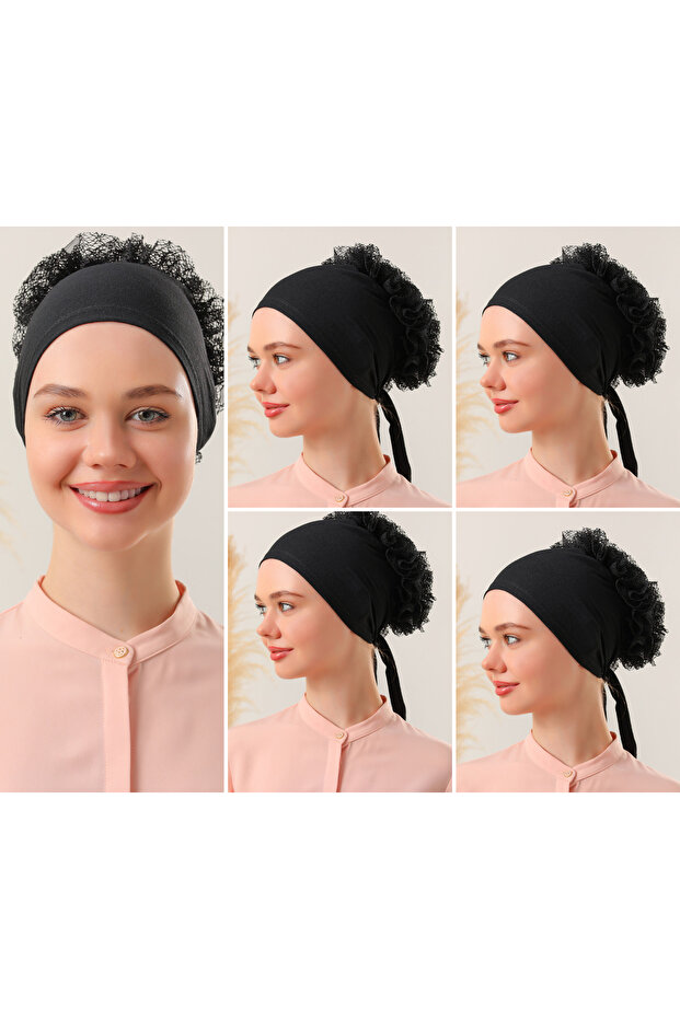 Women's Hijab 5-Piece Ruffled Stitched Bonnet Black