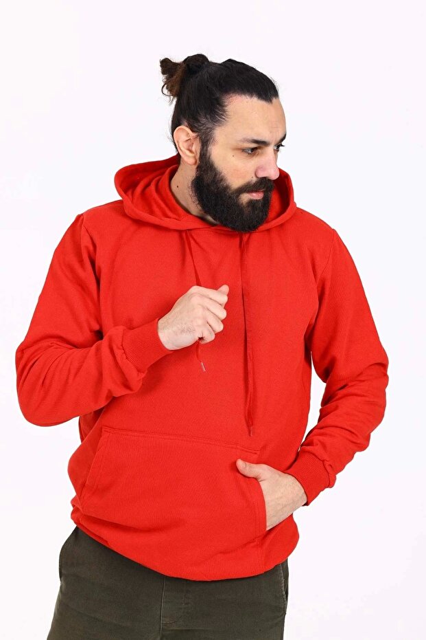 Hooded Regular Fit Men's Sweatshirt with Fleece Inside Red