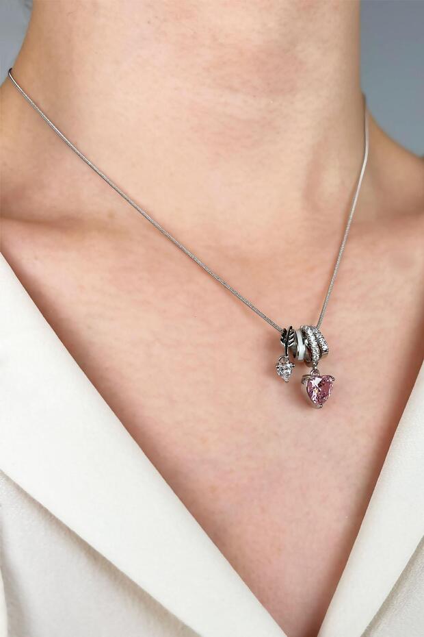 Pembe Kalp Uçlu Charm Çelik Kolye - Gümüş - 3