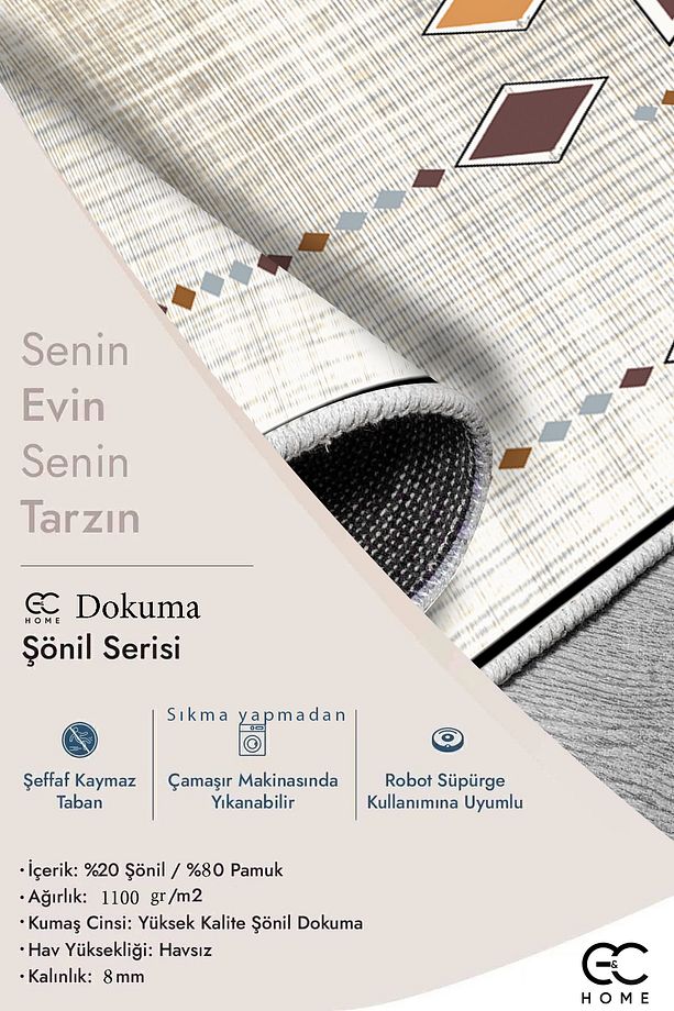 DİJİTAL BASKILI ISKANDİNAV DESENLİ DOKUMA ŞÖNİL SALON MUTFAK OFİS KORİDOR HALISI - 7