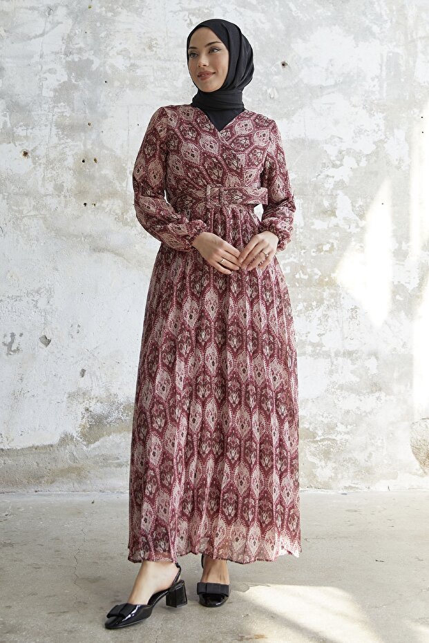 Belted Ethnic Pattern Chiffon Dress - Plum