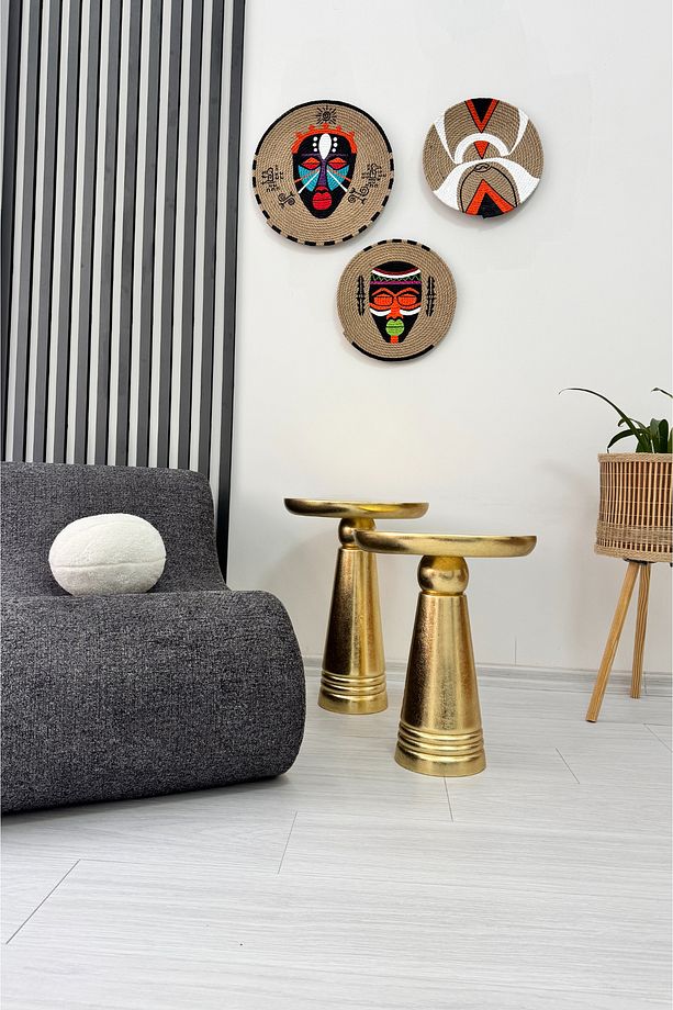 Ahşap 2’li Set Handmade Mantar Yan Sehpa Modern Altın Renk Varak Jelatin Fiskos Zigon Çiçeklik - 9