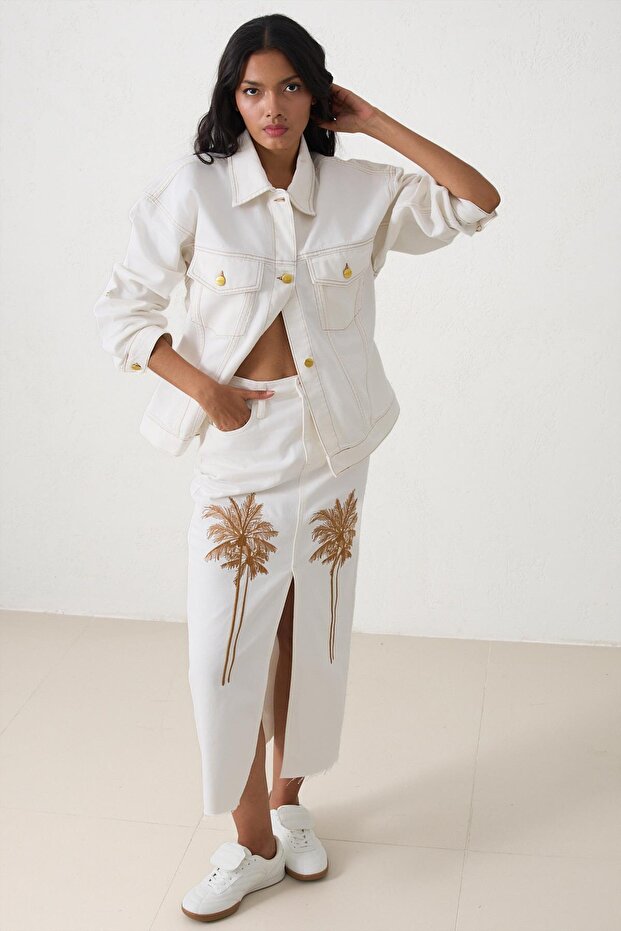 Ekru Yırtmaç Detaylı Desenli Midi Boy Kot Etek - 3