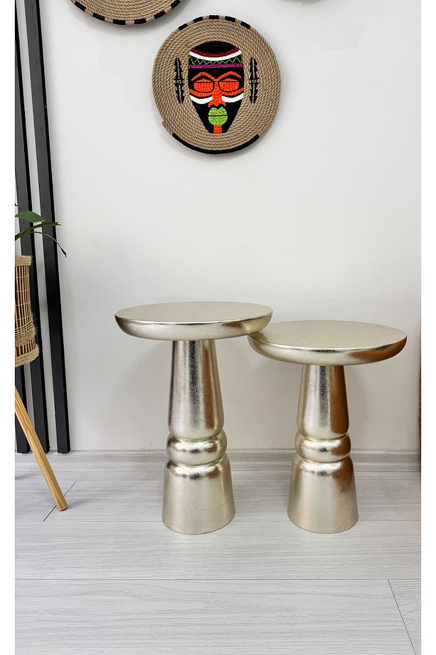 Ahşap 2’li Set Handmade Mantar Yan Sehpa Modern Gümüş Renk Varak Jelatin Fiskos Zigon Çiçeklik - 8