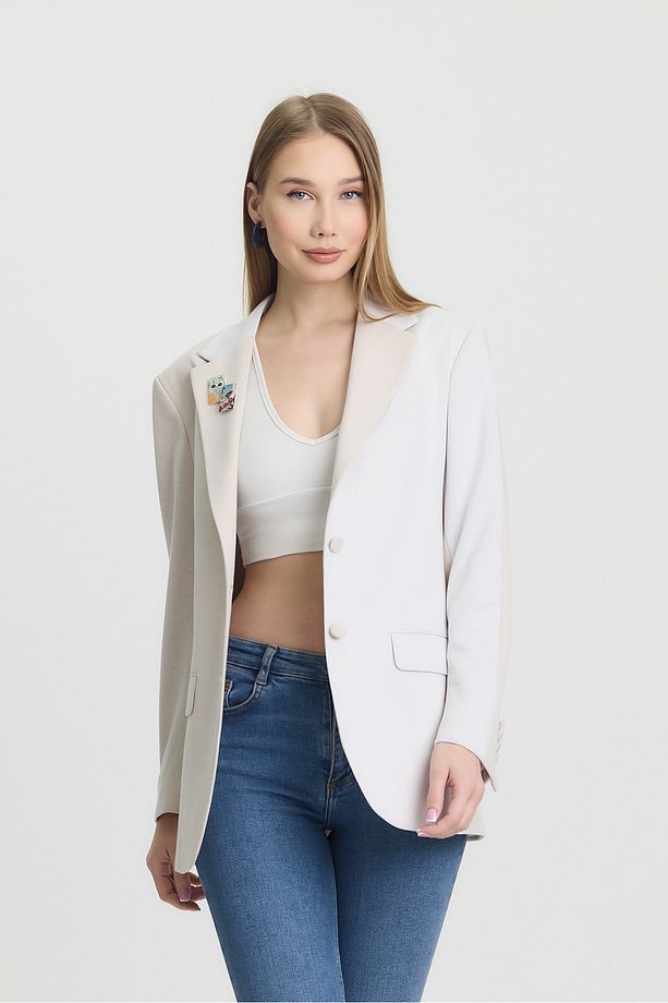 Krem Colorblock Blazer Ceket - 3