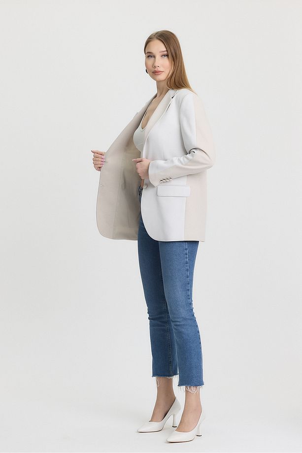 Krem Colorblock Blazer Ceket - 2