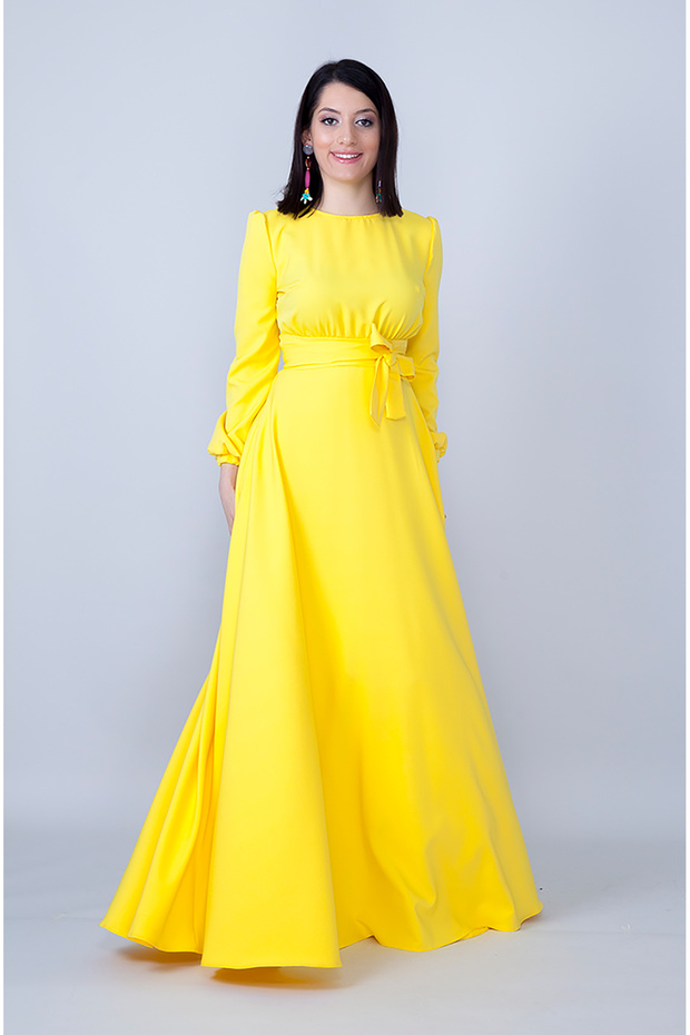 Yellow Crew Neck Long Sleeve Woven Fabric Waist Shirred Belted Maxi Length Invitation & Evening Dress with Pockets