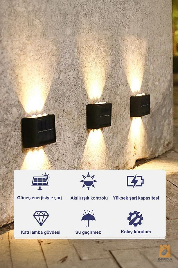 Güneş Solar Enerjili Aplik Işık-2 Adet 6 Ledli Sarı Günışığı- Dekoratif Aplik Işık-su Geçirmez - 3