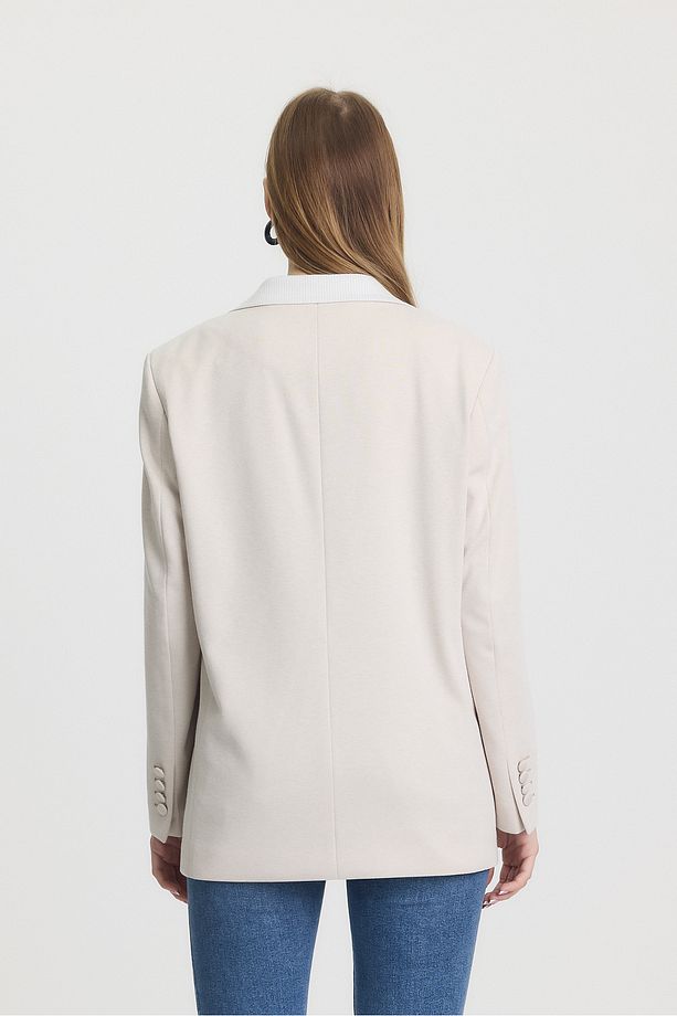 Krem Colorblock Blazer Ceket - 7