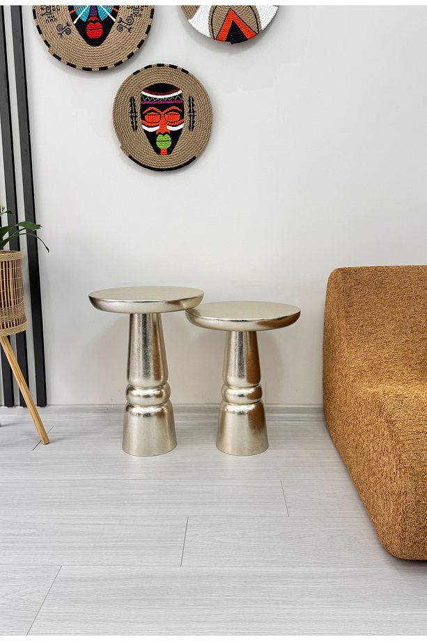 Ahşap 2’li Set Handmade Mantar Yan Sehpa Modern Gümüş Renk Varak Jelatin Fiskos Zigon Çiçeklik - 3