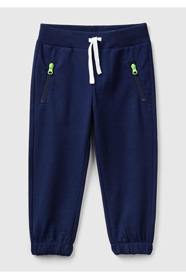Boy's Navy Blue Elastic Waist Drawstring Pocket Zippered Sweatpants