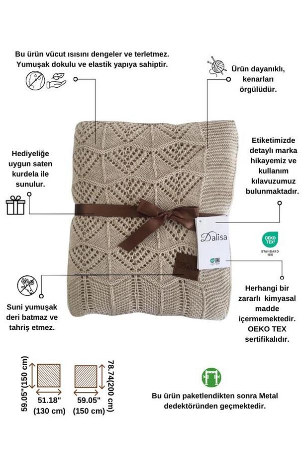 Emily Triko Örgü Yatak Örtüsü, Çok Amaçlı Kullanılabilir Koltuk Örtüsü - Bej - 3