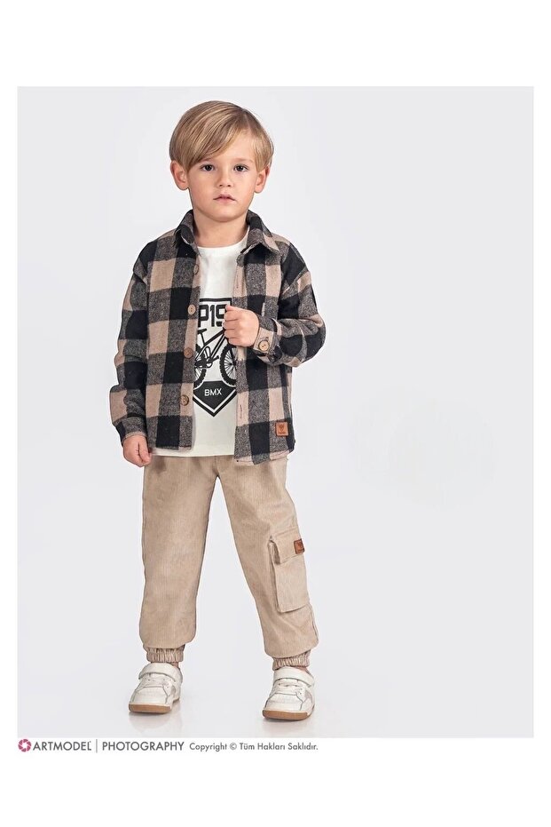 Boys' Combination - Linen Pants, T-Shirts, Plaid Shirts I Stylish and Comfortable Holiday Suit