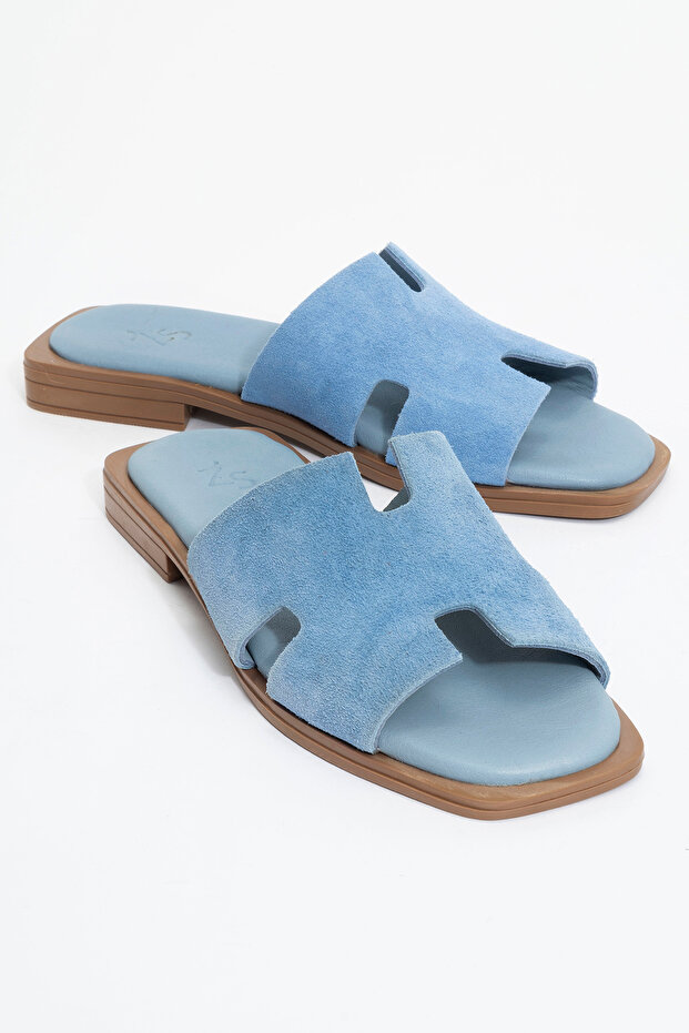 Kalven women's genuine leather slippers - blue suede