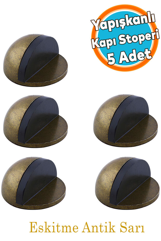 Kapı Stoperi Yarımay Eskitme Antik Sarı Tamponu Metal Kapı Altı Kolu Stopu Durdurucu Tutucu 5 Adet - 1