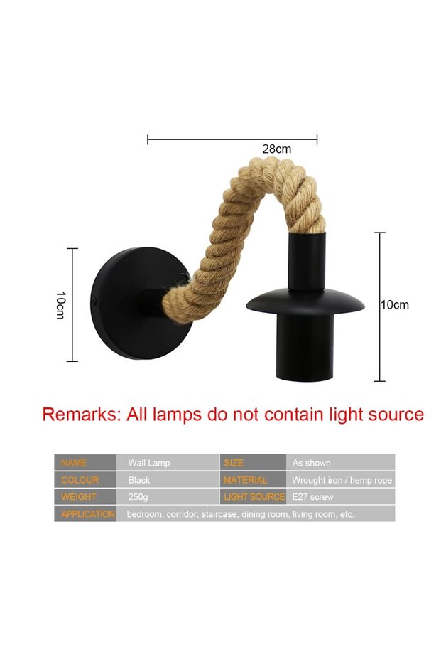 black Retro Vintage Hemp Rope Wall Lamp E27 Wall Light 110V 220V Indoor Loft Outdoor Corridor Wall L