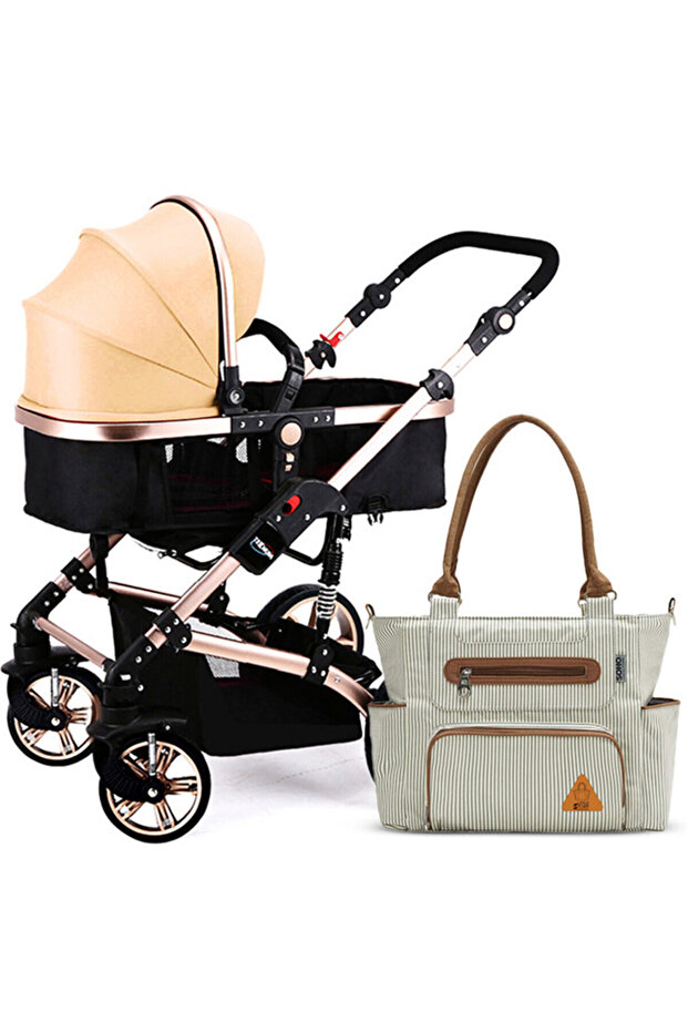 Teknum 3 in 1 Pram Stroller and Diaper Bag Bundle-Khaki