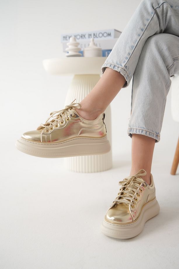 Kadın Kalın Taban Bağcıklı Sneaker Cona Altın - 4