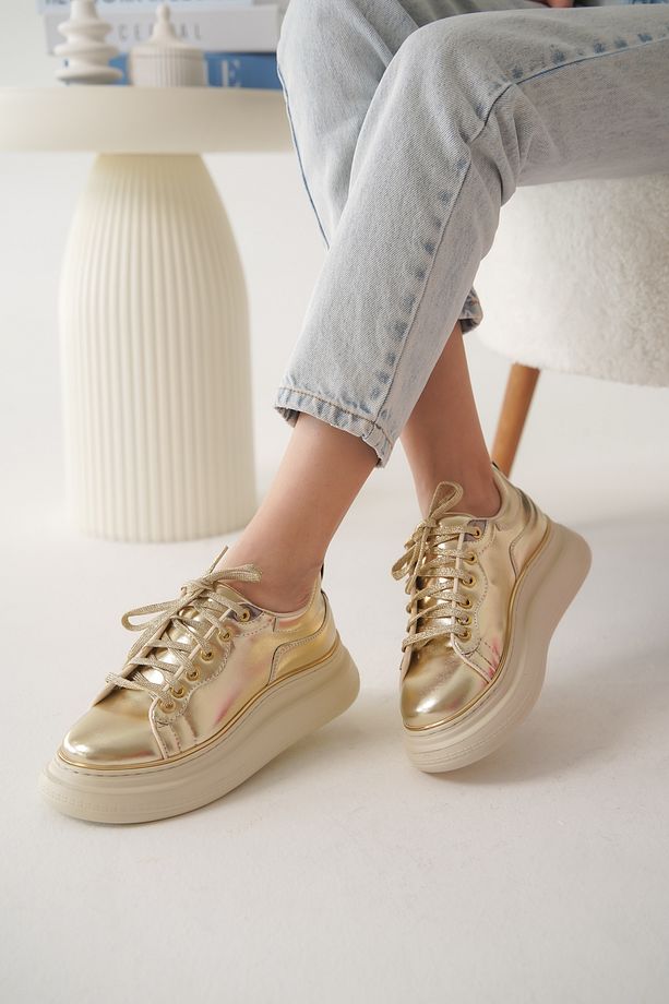 Kadın Kalın Taban Bağcıklı Sneaker Cona Altın - 2