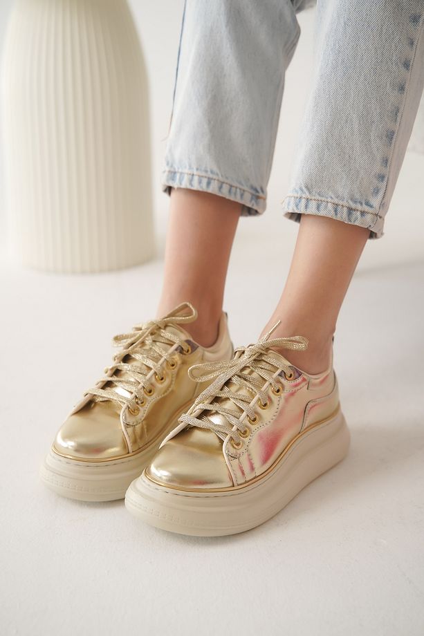 Kadın Kalın Taban Bağcıklı Sneaker Cona Altın - 1