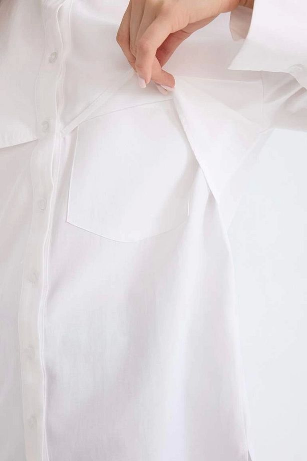 D4773 Relax Fit Gömlek Yaka Poplin Basic Düz Uzun Kollu Beyaz Gömlek Tunik - 5