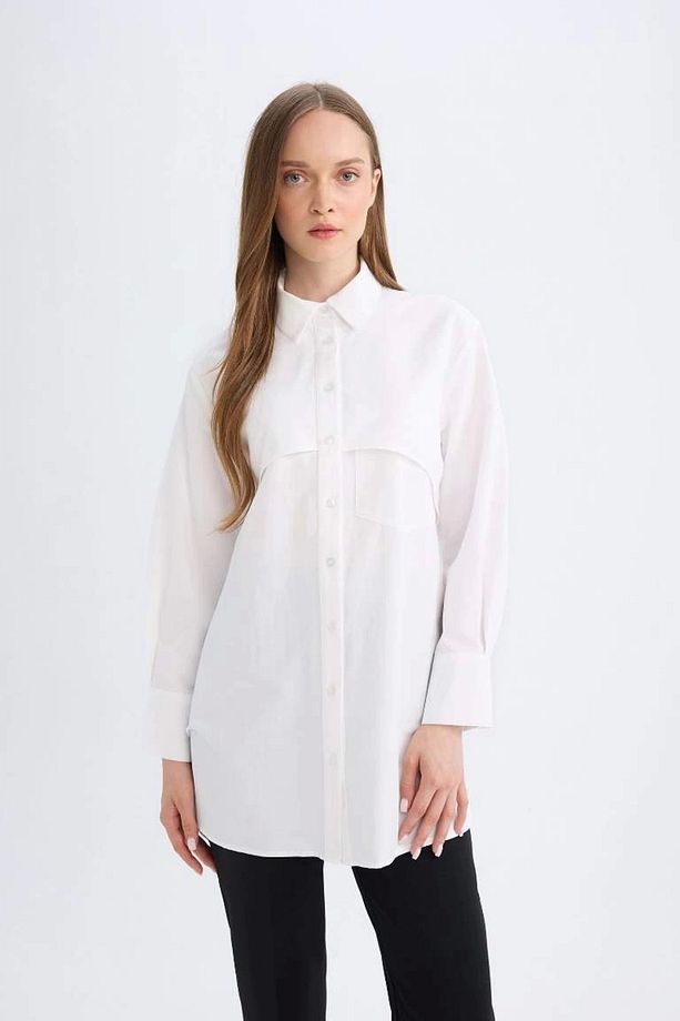 D4773 Relax Fit Gömlek Yaka Poplin Basic Düz Uzun Kollu Beyaz Gömlek Tunik - 3