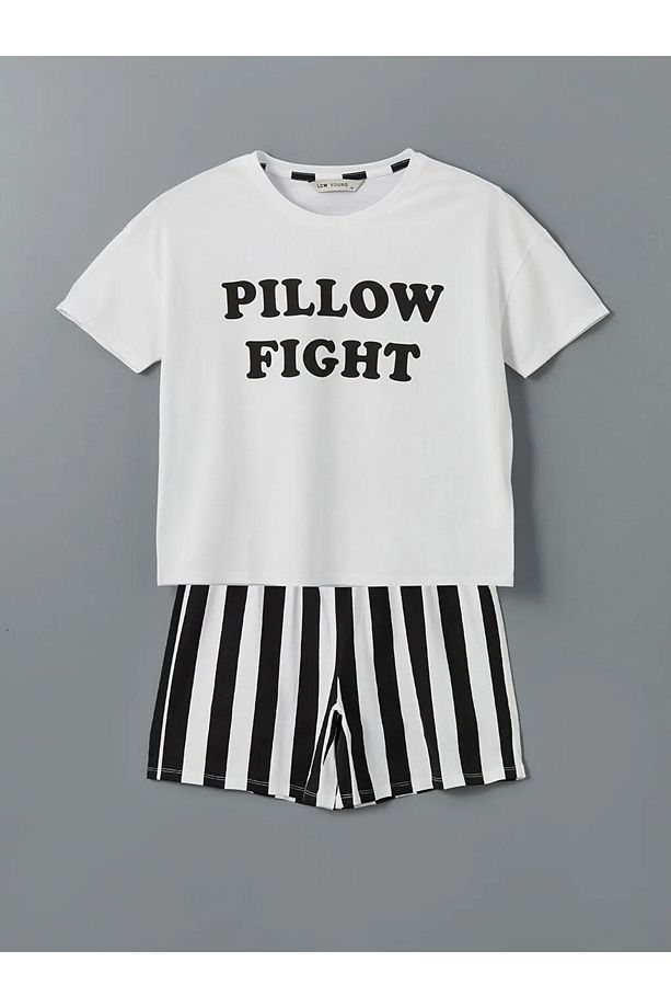 LCW Young Siyah Bisiklet Yaka Baskılı Kadın Şortlu Pijama Takımı - 1