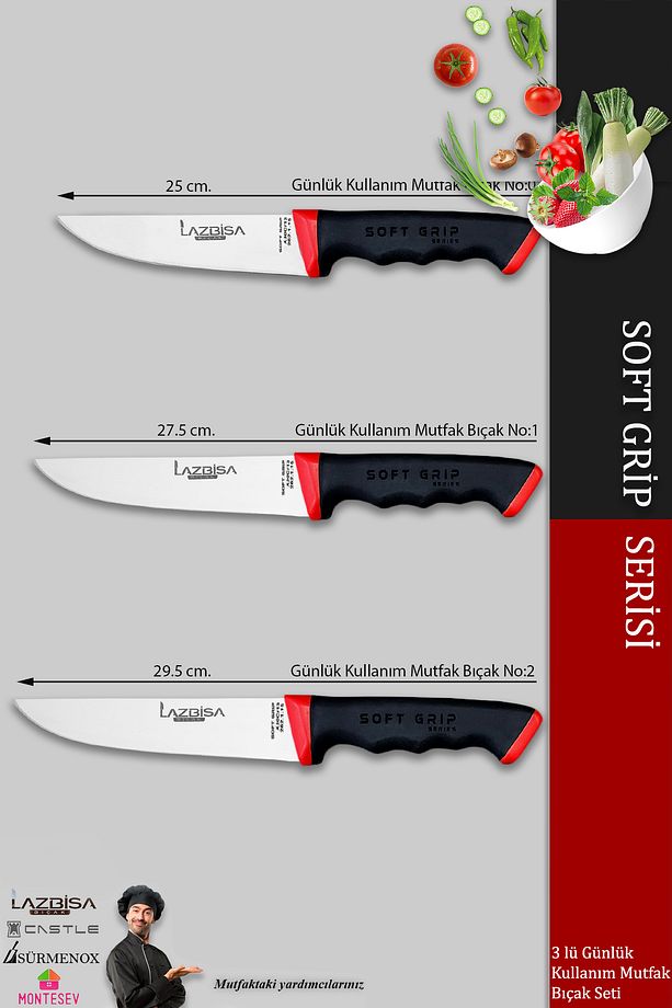 Soft Grip Mutfak Bıçak Seti Et Ekmek Sebze Bıçağı 3 Lü Set Günlük Kullanım ( Mtf-052 ) - 2