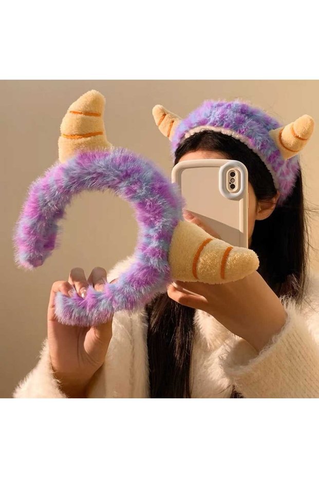 Cute Beast Furry Plush Purple Color Crown with Horn Figure