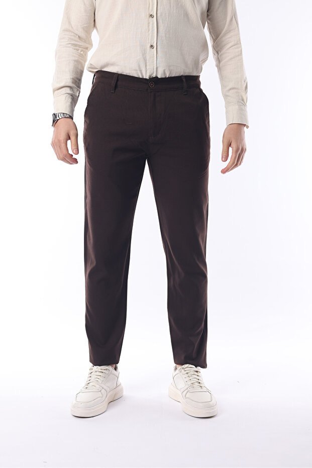 Men's Brown Color Straight Cut Quality Flexible Lycra Ankle Length Fabric Trousers