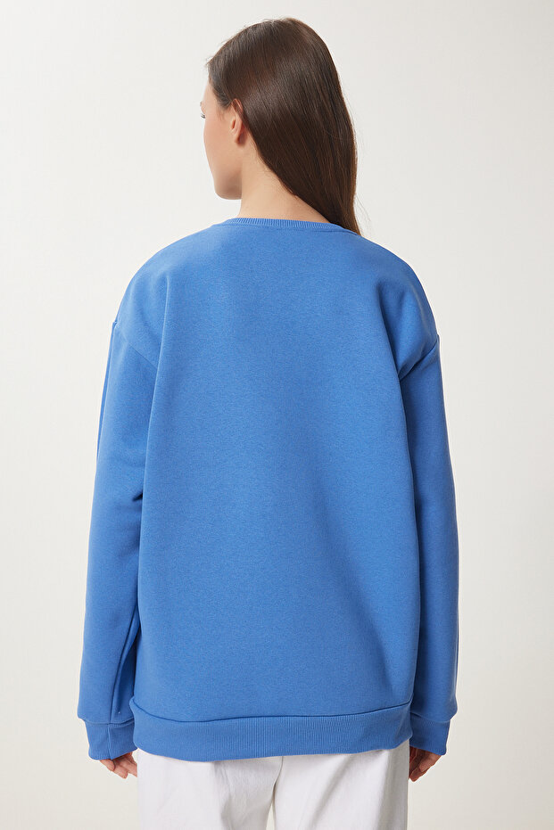 Oversize Şardonlu Basic Sweatshirt GÖK MAVİ LOW0001 - 6