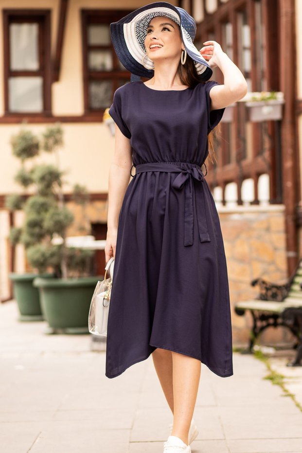 Women's Navy Blue Elastic Waist Tie Dress ARM-18Y001120