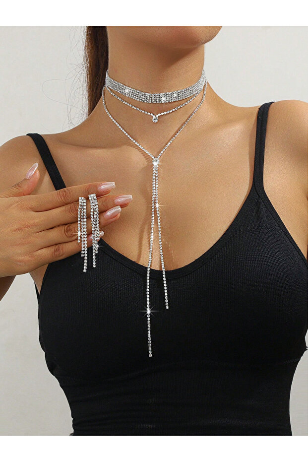 6 Rows Choker with Collar Stylish Zircon Stone Waterway Silver Necklace Earring Set