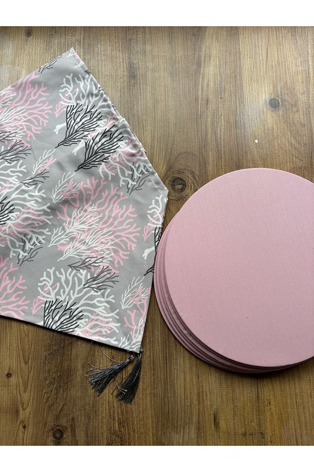 Pembe Mercan Desenli Duck Keten Runner ve 6'lı Pembe Supla Seti - 1