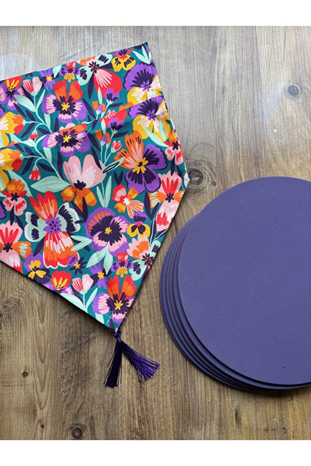 Retro Renkler Duck Keten Runner ve 6'lı Lila Supla Seti - 2