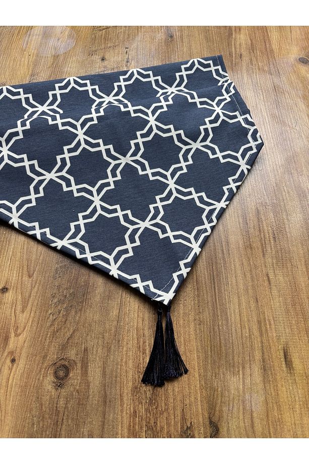 Lacivert Moroccan Duck Keten Runner ve 6'lı Saks Supla Seti - 2