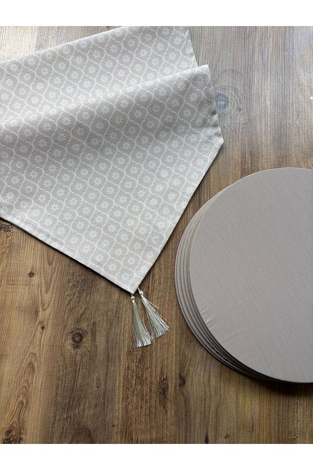 Bej Moroccan Yonca Duck Keten Runner ve 6'lı Bej Supla Seti - 4