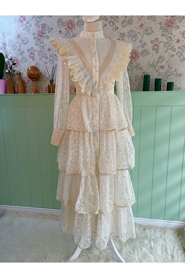 Women's Cotton Lace Fold Ecru, Wedding Evening Dress