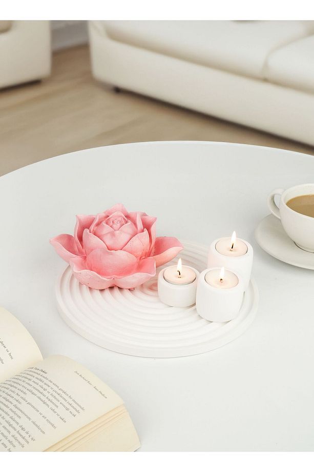 DEV ÇİÇEKLİ SERİ - Çizgili Tepsi Pembe Dev Lotus Çiçeği 3Lu beton mumluk - 1