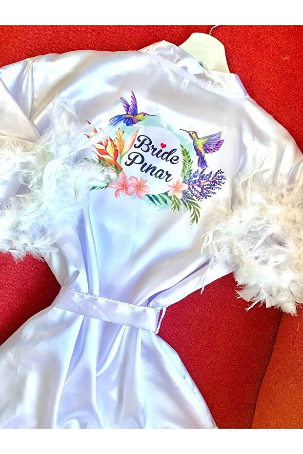(We Write Your Name) Bridal Robe with Bird Sleeves and Feathered Sleeves Bride Robe Bride to Be with Sash Gift