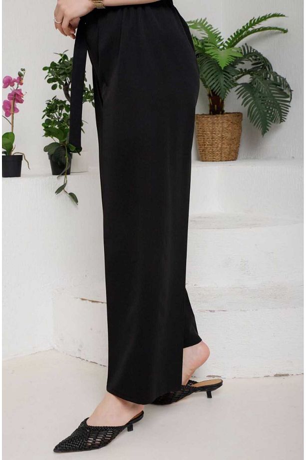 Kadın Beli Bağcıklı Krep Bol Paça Pantolon - 4