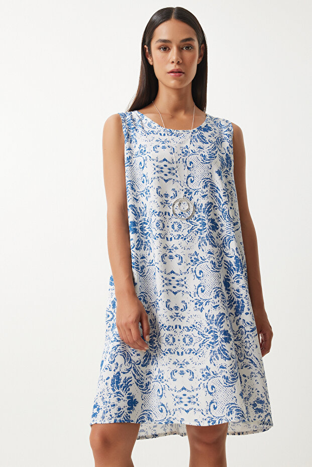 Blue and White Patterned Linen Viscose Mini Dress - Lbh0004