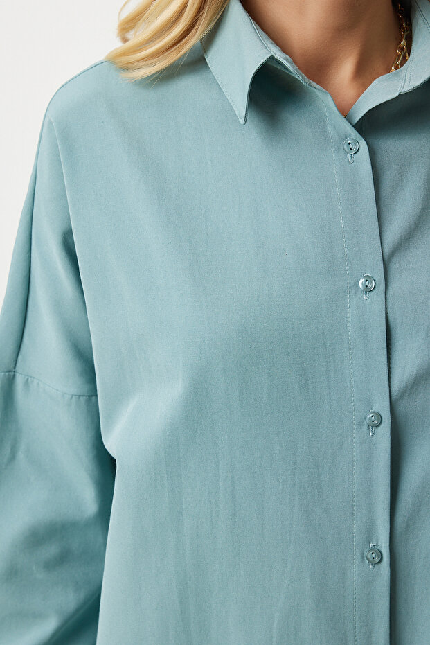 Oversize Basic Gömlek SU YEŞİLİ LDD0003 - 3