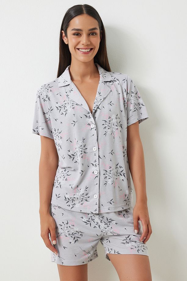 Desenli Viskon Şort Gömlek Pijama Takımı GRİ LEC0001 - 2