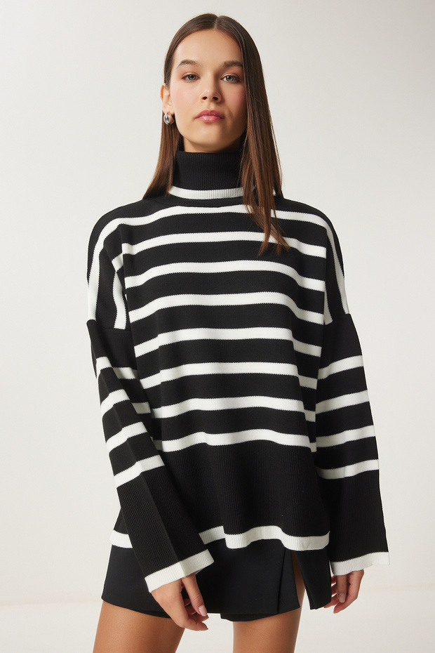 Turtleneck Oversize Striped Knitwear Sweater Bone Black Lbv0021
