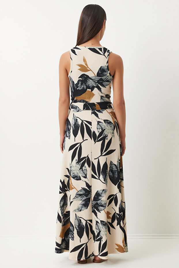 Çiçekli Anvelop Yaka Yazlık Örme Elbise YEŞİL KREM LZH0002 - 5